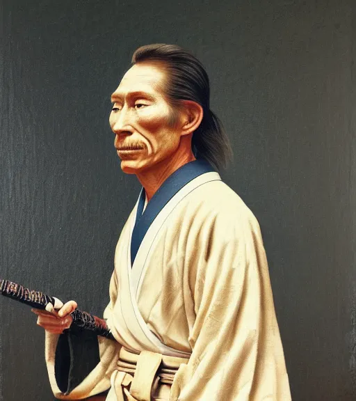 Prompt: official side portrait of a japanese samurai, skip bayless, in los angeles lakers kimono, 1 8 6 8, a character portrait by cassius marcellus coolidge, reddit contest winner, japanese romantacism, romanticism, oil on canvas, detailed painting, creative commons attribution