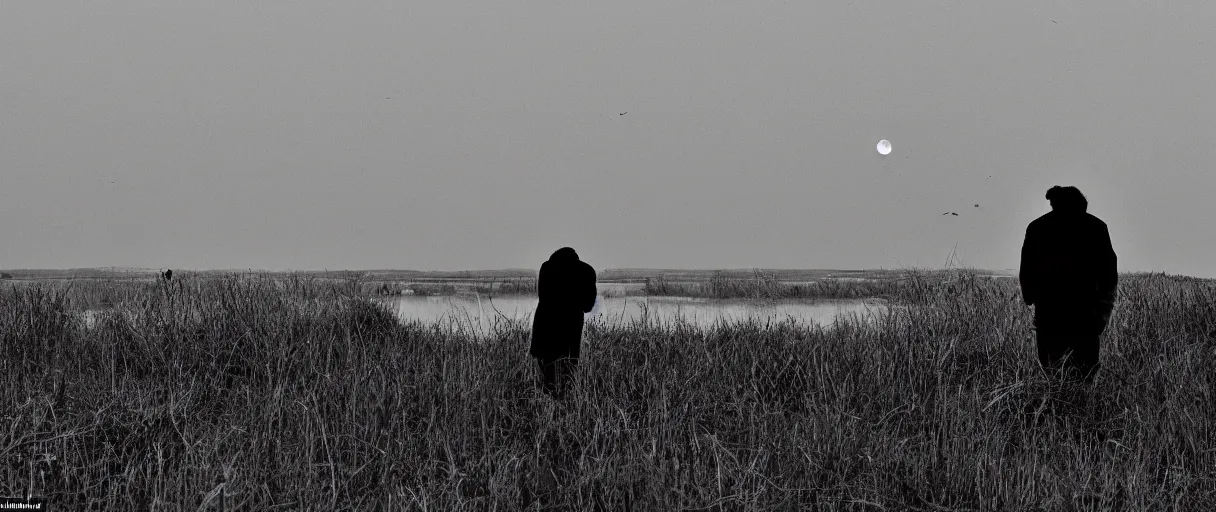 Image similar to revealed, underlined in a sudden gust of wind the profile of a man raises under the moon uncovered and tiny, overlooking the fen water meadowlands and small shot for the ducks he walks in the mud, moves aside the reeds no clapping of wings, no motions around just the singing wind in an ominous silence