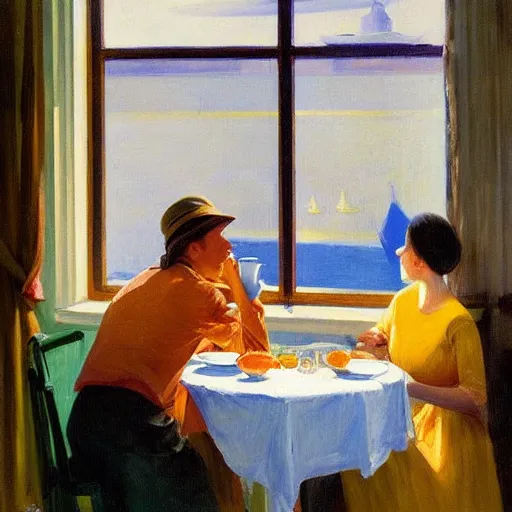 Image similar to oil painting of young lovers in shabby room by the river, with teapot and cups and bowl of oranges on table, and view through window of ship on river, by edward hopper, by frank mccarthy