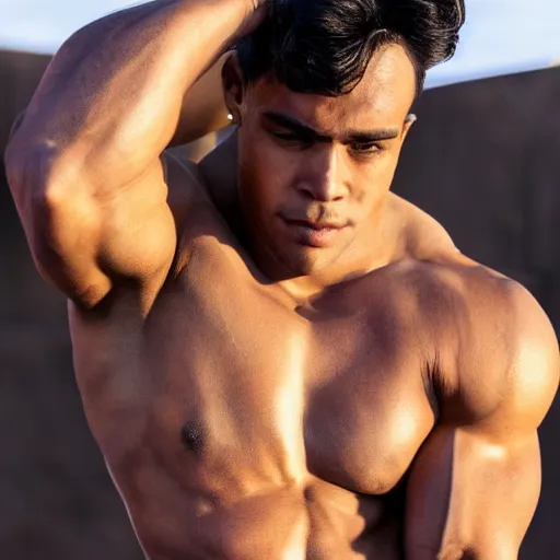 Image similar to hispanic, brown skin, powerful bulging muscles, horse hair, full body photo, golden hour