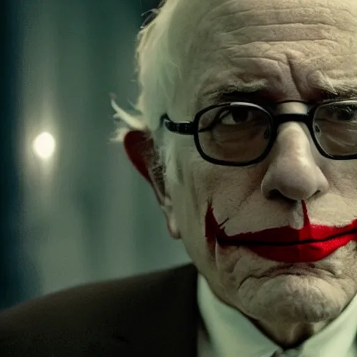 Image similar to stunning awe inspiring bernie sanders as the joker movie still 8 k hdr atmospheric lighting