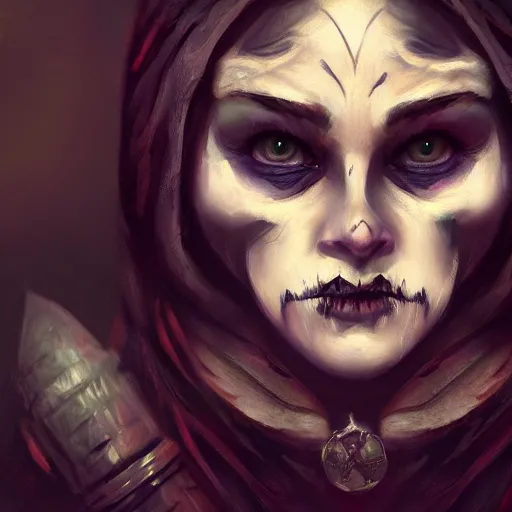 Image similar to portrait of a beautiful female gnome, skull facepaint, dark robes, moonlight, D&D, sharp focus, concept art, realistic, cinematic lighting, fantasy digital painting