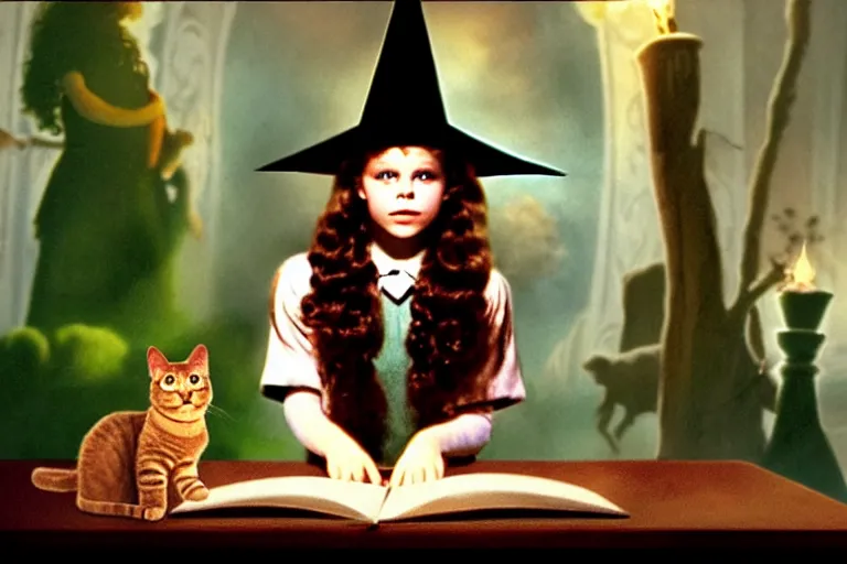 Image similar to close up portrait, dramatic lighting, teen witch calmly pointing a magic wand casting a spell over a large open book on a table with, short hair, cat on the table in front of her, sage smoke, a witch hat cloak, apothecary shelves in the background, still from the wizard of oz and peter pan