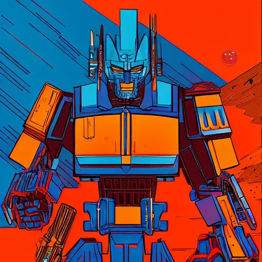 Prompt: optimus prime standing in the desert by kilian eng and moebius