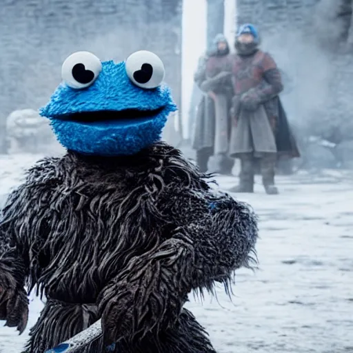 Prompt: cookie monster in game of thrones. having the time of his life.