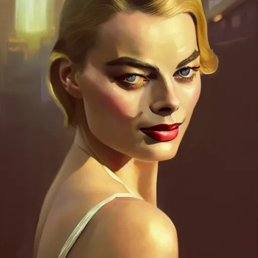 Image similar to closeup portrait of margot robbie, 1 9 2 0 s, femme fatale, dramatic lighting, city background, chiaroscuro, high detail, painted by greg rutkowski, painted by igor kieryluk, painted by bobby chiu, trending on artstation