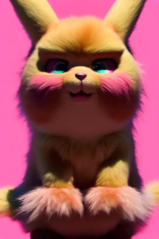 Prompt: high quality 3 d render hyperrealist very cute multicolor stripped fluffy! phoenix cat hybrid highly detailed, vray smooth, in the style of detective pikachu, hannah yata charlie immer, dramatic pink light, low angle, uhd 8 k, sharp focus