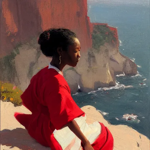 Prompt: black girl with a bun, in a red kimono, backview, sitting on edge of cliff, by jeremy lipking, tim rees, joseph todorovitch