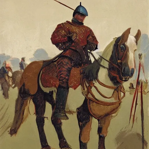 Image similar to man wearing chinmail and gambeson on horseback, holding jousting lance, horse is wearing caparisons, medieval by greg manchess, bernie fuchs, walter everett, lost edges