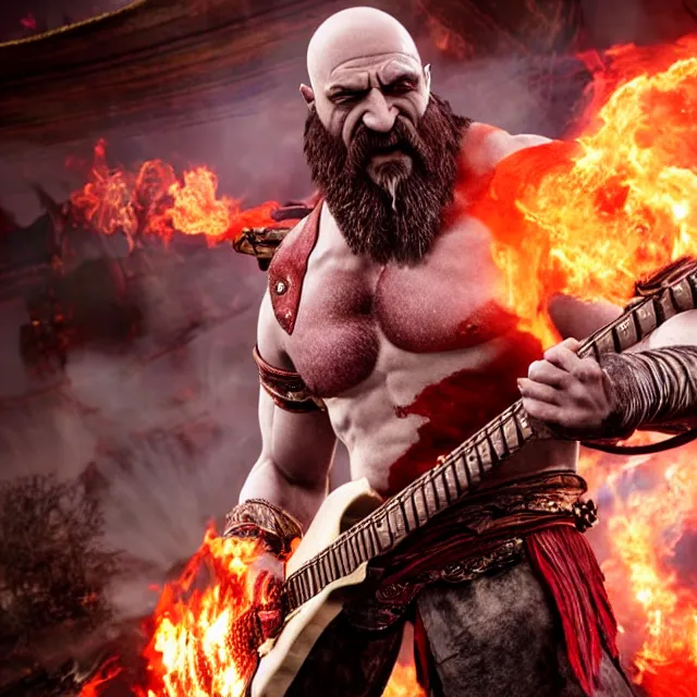 Prompt: kratos rocking out on a flaming stratocaster guitar, cinematic render, god of war 2 0 1 8, playstation studios official media, sunglasses