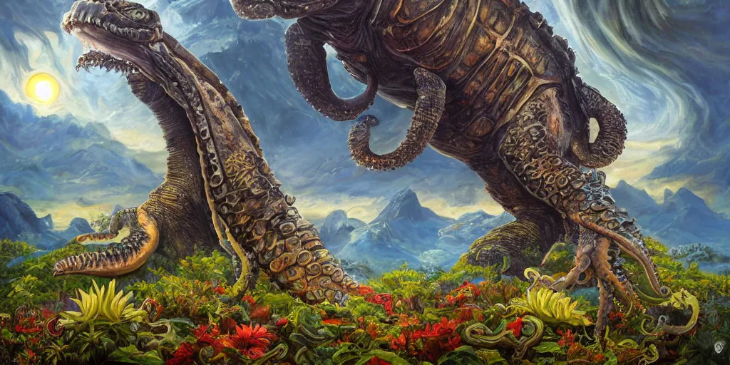 Image similar to fantasy oil painting, great leviathan, cybernetic turtle cephalopod terrapin reptilian pachyderm squid, bella hadid, hybrid, milla jovovich, anubis, epic natural light, lush plants flowers, spectacular mountains, bright clouds, luminous sky, outer worlds, golden hour, michael cheval, edward hopper, michael whelan, vray, hd