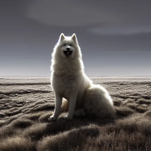 Image similar to giant sleeping ( ( ( ( samoyed ) ) ) ) creature creature in a tundra landscape, dramatic lighting, moody : : by michal karcz, daniel merriam, victo ngai and guillermo del toro : : ornate, dynamic, particulate, intricate, elegant, highly detailed, centered, artstation, smooth, sharp focus, octane render, 3 d