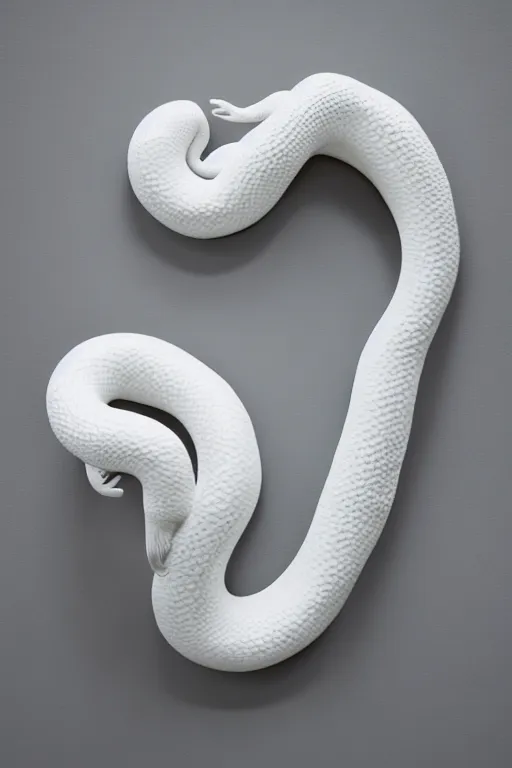 Prompt: porcelain snake sculpture by daniel arsham, smooth, all white features on a white background, delicate feature's