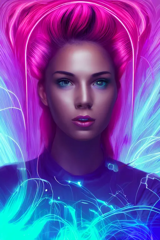 Prompt: a award winning half body portrait of a beautiful woman in a croptop and cargo pants with ombre purple pink teal hairstyle with head in motion and hair flying, surrounded by whirling illuminated lines, outrun, vaporware, shaded flat illustration, digital art, trending on artstation, highly detailed, fine detail, intricate