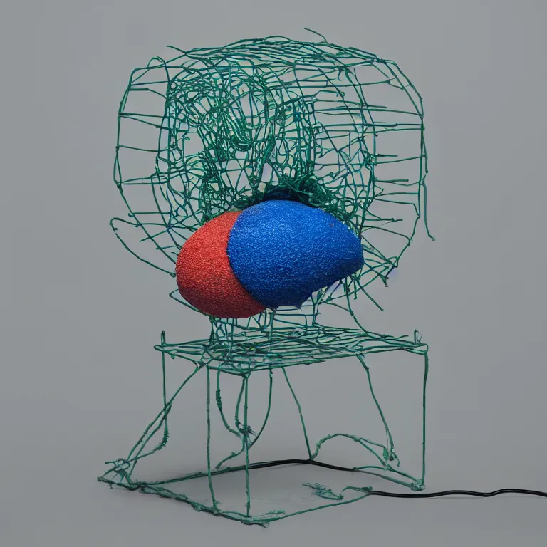 Image similar to hyperrealistic sculpture of a coccyx worm hermit crab dusted with saffron and deep blue and hunter green spraypaint in a grid cage on a pedestal by ron mueck and duane hanson and lee bontecou, hyperrealistic dramatic colored lighting trending on artstation 8 k