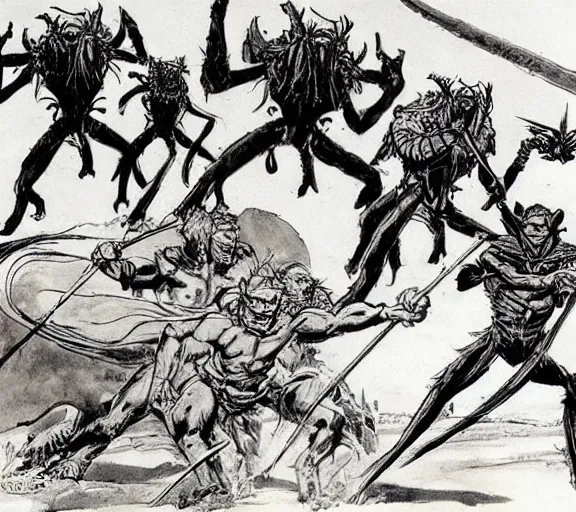 Prompt: four medeival adventurers flee, a group of mantis men, pen and ink, by frank Frazetta