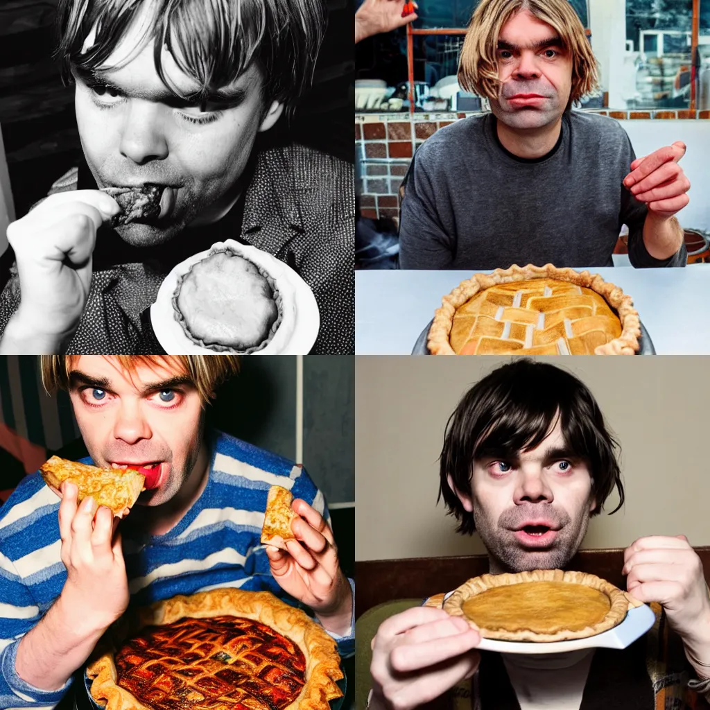 Prompt: Tim Burgess eating a meat-free pie
