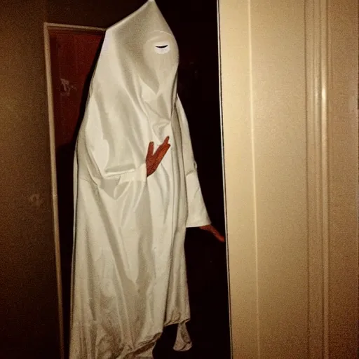 Image similar to grainy photo of figure with a sheet over it as a creepy monster in a closet, harsh flash