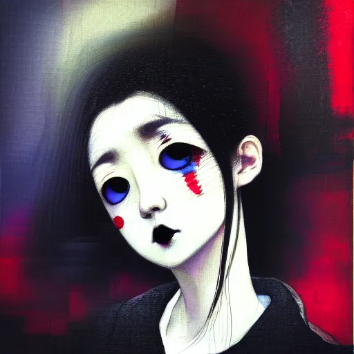 Image similar to yoshitaka amano blurred and dreamy realistic three quarter angle portrait of a young woman with black lipstick and black eyes wearing office suit with tie, junji ito abstract patterns in the background, satoshi kon anime, noisy film grain effect, highly detailed, renaissance oil painting, weird portrait angle, blurred lost edges