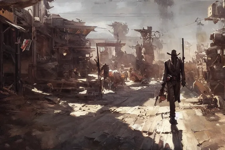 Prompt: oil painting of old rugged robot bounty hunter in a gunfight in dusty wild west street, art by anders zorn, wonderful masterpiece by greg rutkowski, beautiful cinematic light, american romanticism by greg manchess, jessica rossier