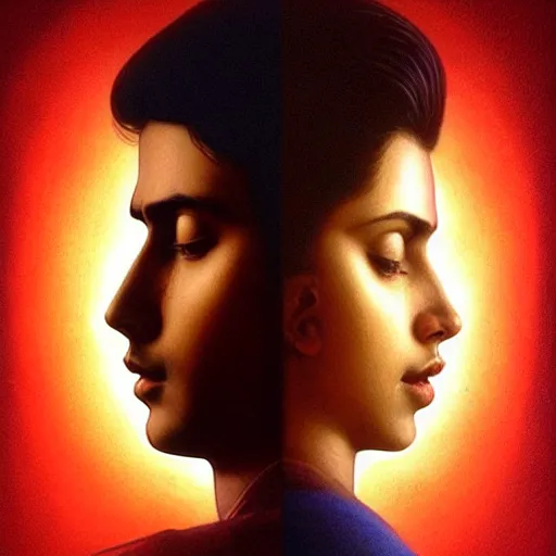 Prompt: perfectly - centered movie promotional poster - photograph of a young indian guy and a beautiful girl side profile faces symmetrical ; real life portrait by beksinski and jean delville, romantic theme, two lovers sharing one heart, unreal engine 5, photorealism, hd quality, 8 k resolution, cinema 4 d, hdr dramatic lighting ; symmetrical, cinematic, high coherence