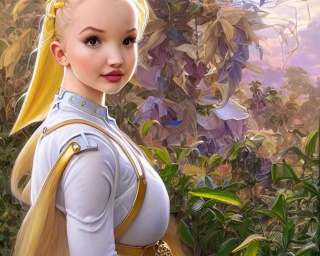 Image similar to dove cameron as marle from chrono trigger with orange - blonde ponytail and wearing middle eastern white jumpsuit with gold belt, casting ice magic, green plants, intricate, elegant, highly detailed, digital painting, artstaion, concept art, smooth, sharp, focus, illustration, art by artgerm and greg rutkowski and alphonse mucha