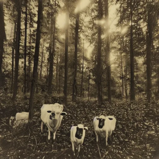 Image similar to polaroid photograph of several cows looking at the camera, in creepy forest, night, eyes glowing from camera flash