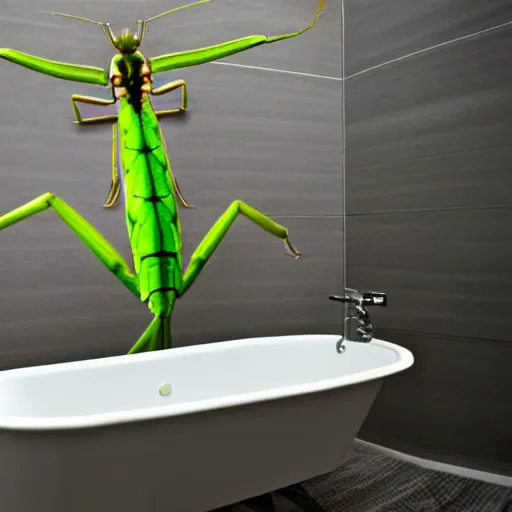 Image similar to cinematic photo of a giant taxidermized praying mantis in a bathtub