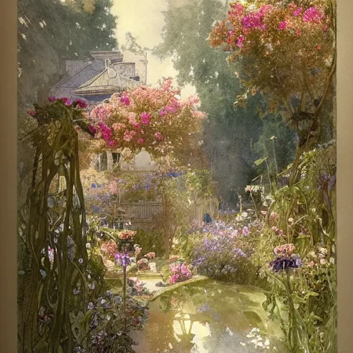Image similar to a beautifull intricate watercolour painting of a victorian garden with many flowers, reflexions, verry high details by william turner art, greg rutkowski and alphonse mucha, trending on artstation, very very detailed, masterpiece,