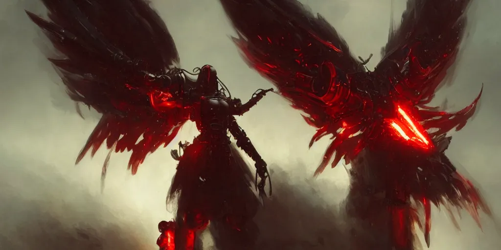 Image similar to mechanical steampunk cyborg devil red skin satan horns with white! angel wings flames and fire concept art greg rutkowski ivan aivazovsky