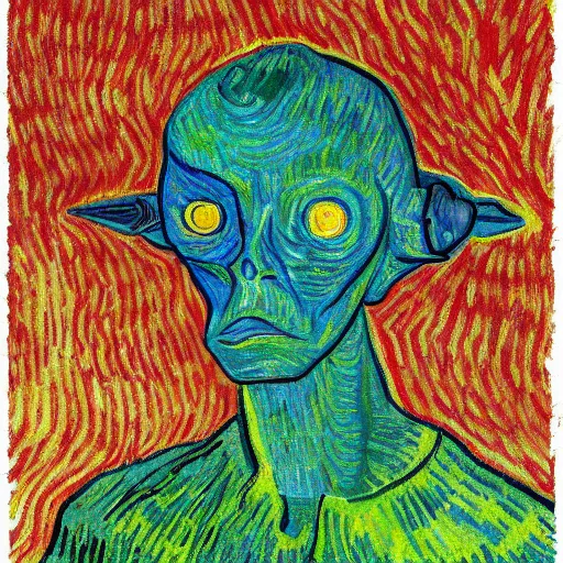 Prompt: portrait of Roswell Alien, painted by Van Gogh