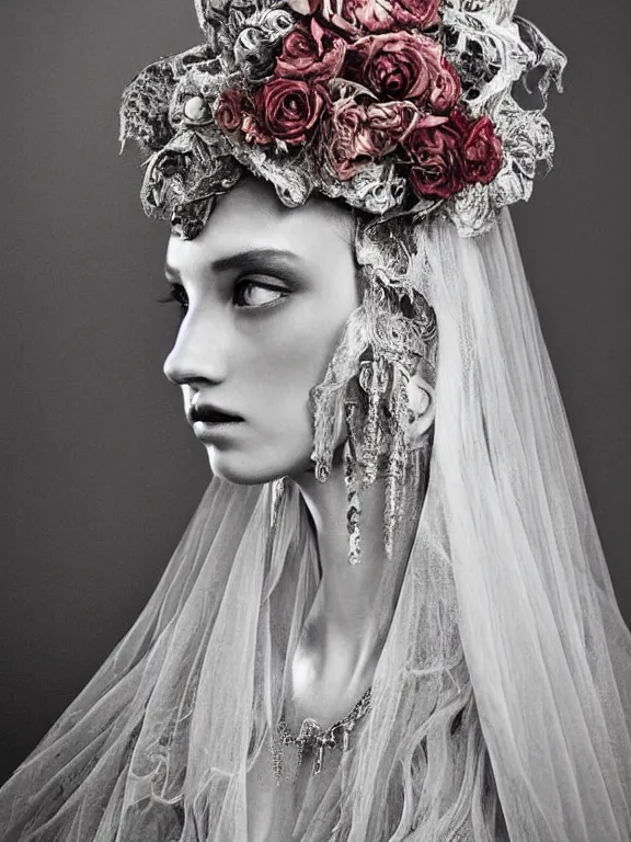 Image similar to a 65mm fashion headshot portrait of a catholic veiled Princess who has rococo dramatic headdress with roses,with symmetry intricate detailed,by Virginie Ropars and Nekro and peter gric and aaron horkey and Billelis, ,William Holman,GUCCI,DIOR,trending on pinterest,hyperreal,jewelry,gold,maximalist