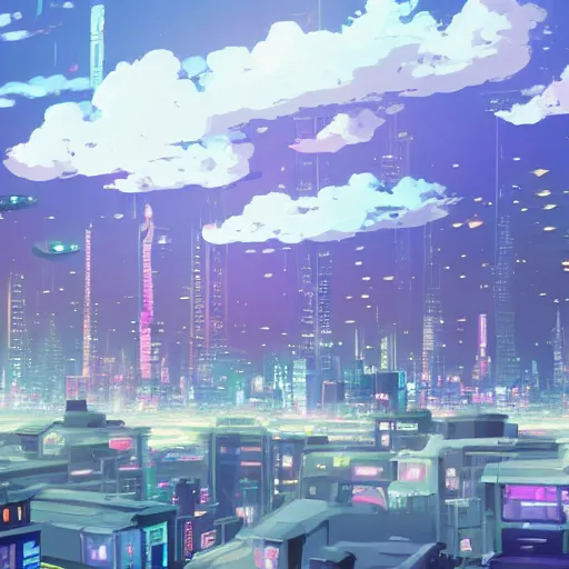 Prompt: floating cyberpunk city in the sky, studio ghibli, violet sky, anime background