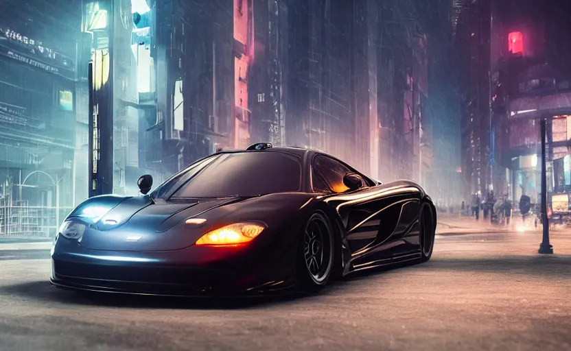 Prompt: a black Mclaren F1 in the streets at night whit cyan headlights on, by Khyzyl Saleem, night time, Cloudy weather, atmospheric, artstaion, concept art, illustration, sharp focus, high detail, octane render, cyberpunk, intimidating