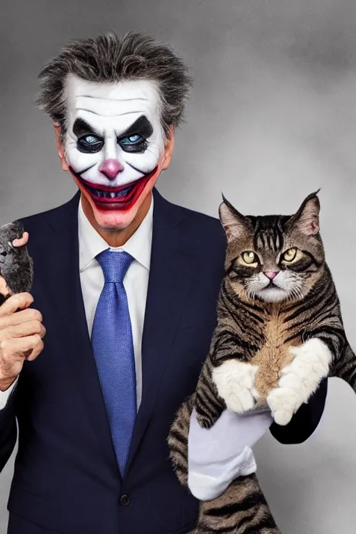 Image similar to Mauricio Macri with an angry cat in his hand in Elaborate Joker Makeup and prosthetics designed by Rick Baker, Hyperreal, Head Shots Photographed in the Style of Annie Leibovitz, Studio Lighting