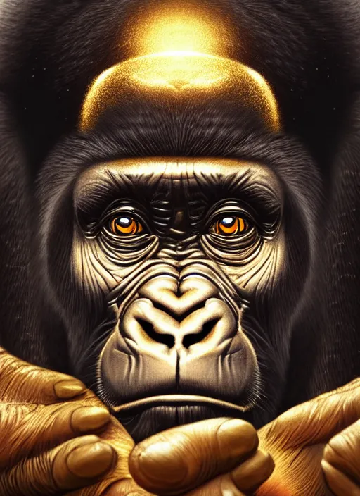 Image similar to dreamlike stunning gorillas god portrait, gold kimono, art by artgerm, wlop, loish, ilya kuvshinov, 8 k realistic, hyperdetailed, beautiful lighting, detailed background, depth of field, symmetrical face, frostbite 3 engine, cryengine,