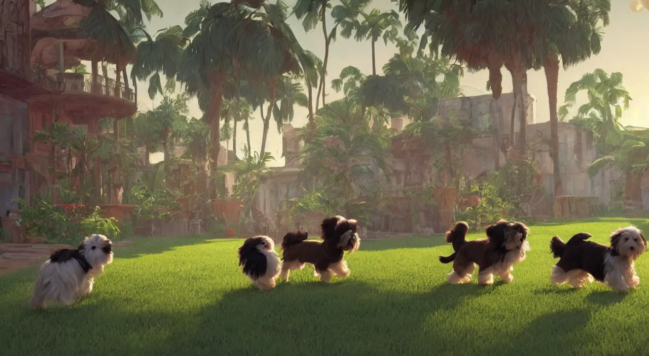 Prompt: havanese dogs playing in a cuba hacienda, 1 9 0 0, genndy tartakovsky, atey ghailan, goro fujita, studio ghibli, rim light, morning lighting, clear focus, very coherent