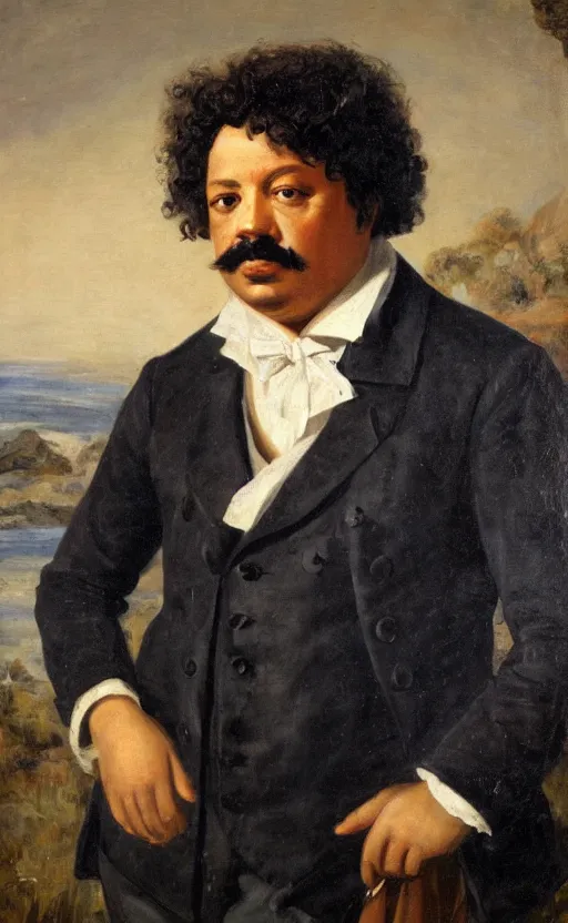 Image similar to Portrait of Alexandre Dumas, oil on canvas, highly detailed, by Delacroix, 8k