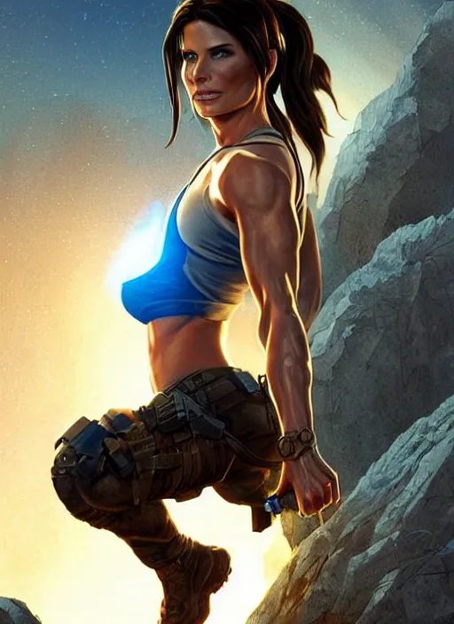 Image similar to muscled Sandra Bullock as Lara Croft as a ruggedly handsome heroine looking directly into the camera, jumping off a glowing artifact lodged in shallow blue glowing water, intricate, elegant, highly detailed, artstation, concept art, smooth, sharp focus, illustration, bokeh art by artgerm and donato giancola and Joseph Christian Leyendecker, WLOP, fireflies, distant snowstorm and thunder