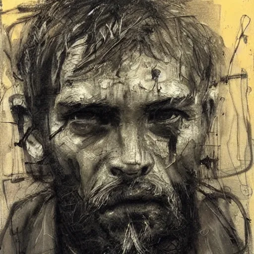 Image similar to portrait of a homeless man by guy denning