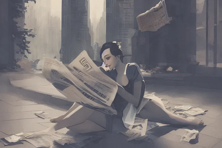 Image similar to seductive goddes reading newspaper in modern city in the style of Durand and greg rutkowski, beautiful, geometric, trending on artstation, cinematic
