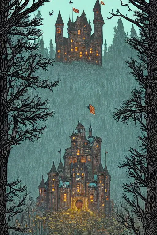 Image similar to A castle in the forest by Dan Mumford