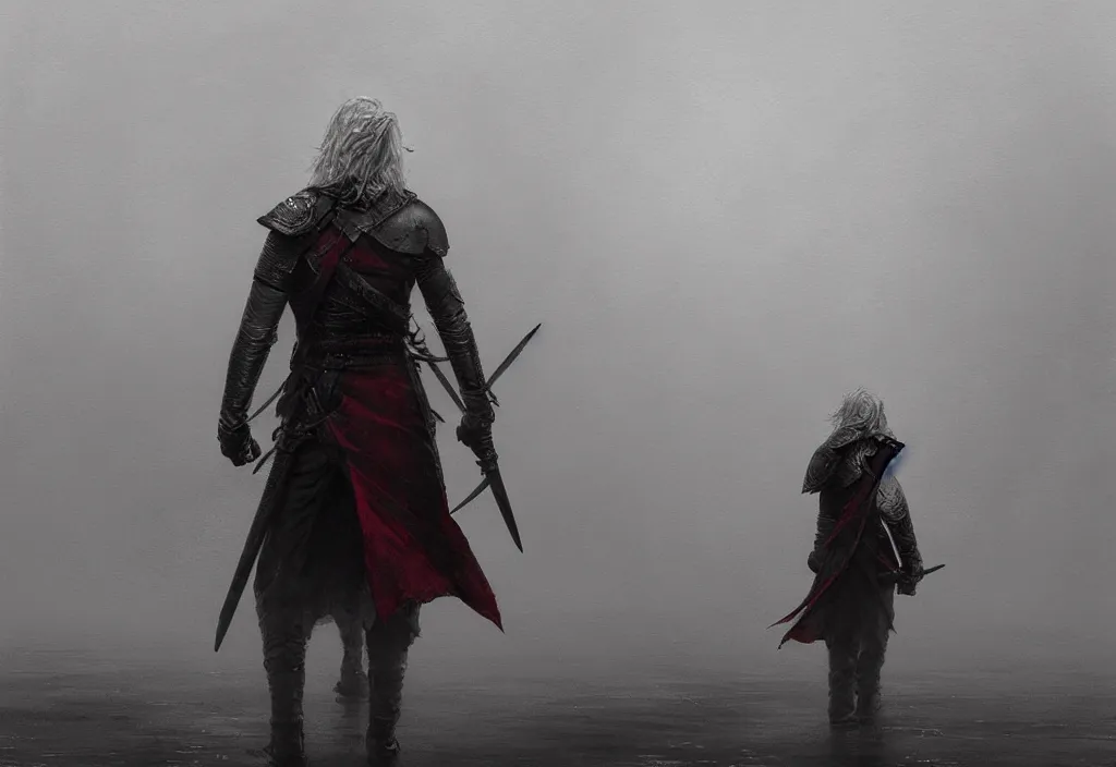 Prompt: rhaegar targaryen, foggy, rain, gloomy, mysterious, artstation, jakub rozalski, high detail, dramatic lighting