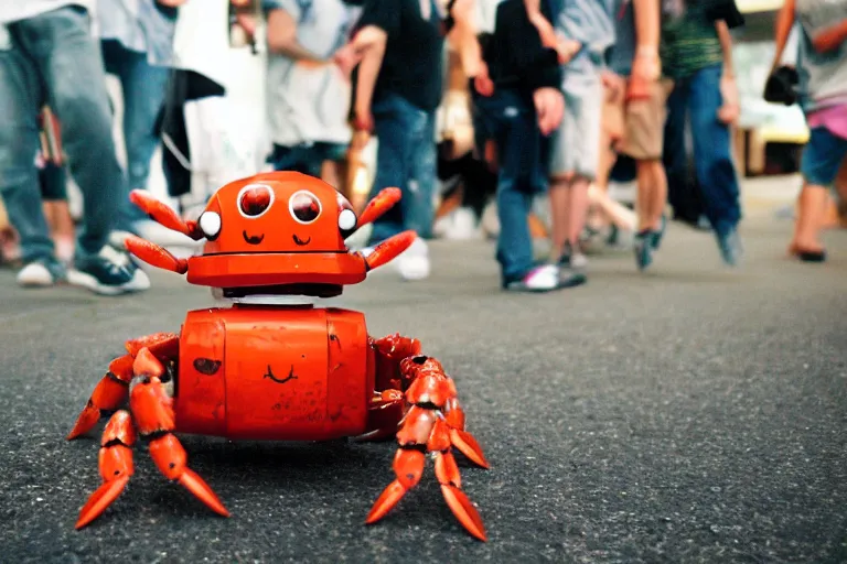 Image similar to a cute crab robot, in 2 0 0 2, at a mall, street style, crabcore, low - light photograph, photography by tyler mitchell