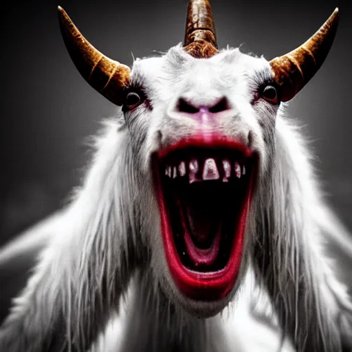 Image similar to horror photography, cinematic, moody, screeching mutant goat monster with a mouth crammed full of sharp teeth and filthy matted fur