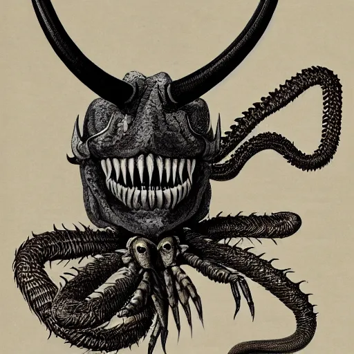 Image similar to He stands on two legs and has human arms ending in claws, with two pairs of wings, a scorpion's tail, a snake that emerges from between his legs in front, and a horned, bearded head with bulging eyes and snarling canine mouth swirls of black gouache, hopeless grey, and a daub of cold blue, intricate, highly detailed, digital painting, artstation, concept art, smooth, sharp focus, illustration, Unreal Engine 5, 8K, art by artgerm and greg rutkowski and alphonse mucha, fantasy epic digital art, epic fantasy card game art