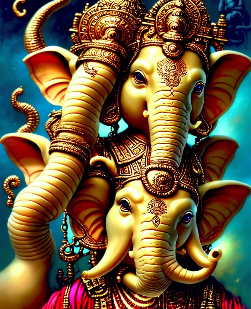 Image similar to beautiful ganesha fantasy character portrait, close - up, headshot, ultra realistic, intricate details, the fifth element artifacts, highly detailed by peter mohrbacher, hajime sorayama, wayne barlowe, boris vallejo, aaron horkey, gaston bussiere, craig mullins