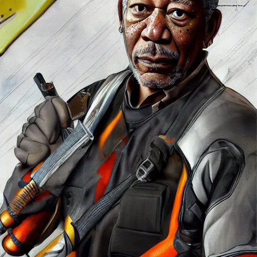 Prompt: Morgan Freeman is Gordon Freeman, detailed concept art, battling headcrabs and wearing the HEV suit