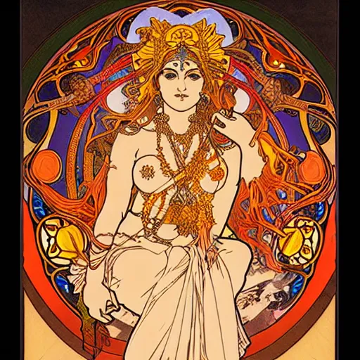 Image similar to hindu goddess of firespinning, by alphonse mucha, burning man, intricate