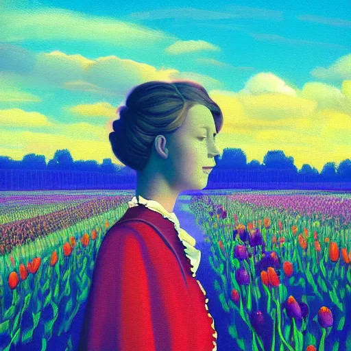 Image similar to giant tulip head dutch girl, surreal photography, flower field, sunset dramatic light, impressionist painting, colorful clouds, blue sky, digital painting, artstation, simon stalenhag